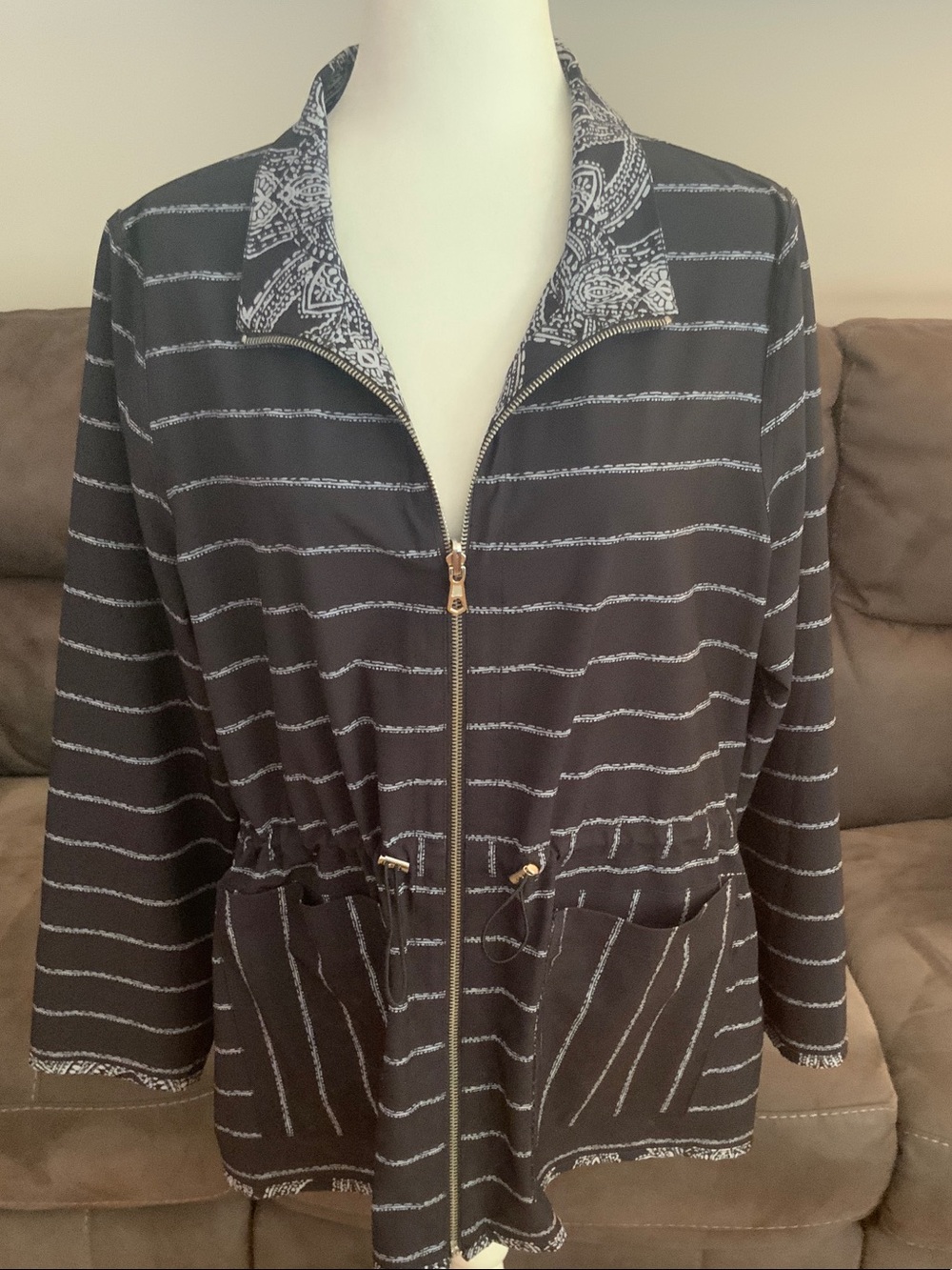 Chico’s Reversible Striped Zip Front Jacket in Black and White